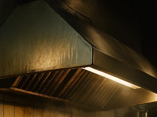 Cappa di una cucina professionale prima della pulizia, con il grasso colato sulle pareti in acciaio